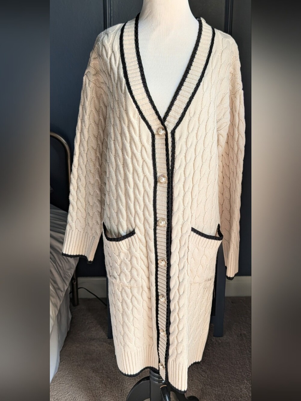 Cream Cable Knit V-Neck Cardigan with Black Trim